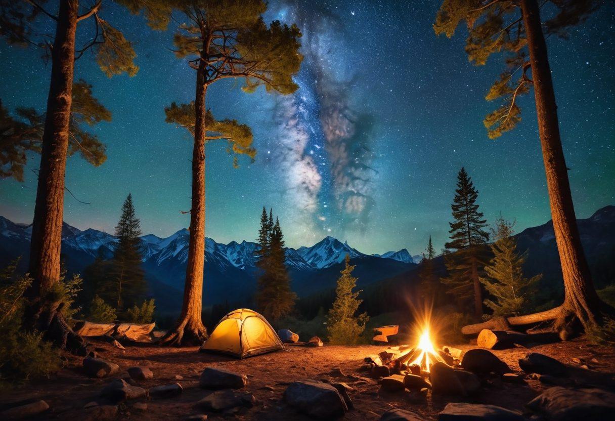A serene campsite nestled in a lush forest, featuring a cozy tent, campfire with flickering flames, and a backpack leaning against a tree. In the background, mountains rise under a starry sky, reflecting the spirit of adventure. Add elements of insurance, like a shield or a compass, subtly integrated into the scene. super-realistic. vibrant colors. night sky.
