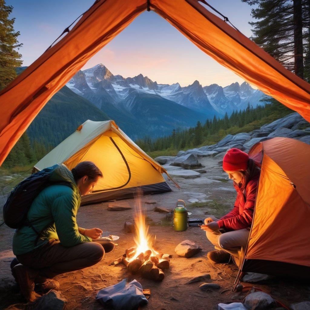 A vibrant campsite showcasing a diverse group of explorers enjoying nature: one cooking over a campfire, another setting up a tent, and a third checking a first aid kit. In the background, majestic mountains and a clear blue sky create an adventurous atmosphere, with signs indicating camping essentials and emergency medical gear. Integrate a sense of excitement and readiness for exploration. super-realistic. vibrant colors. outdoor scenery.