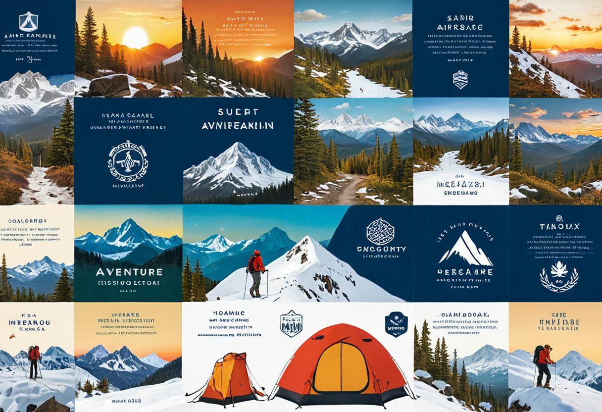 A collage showing various outdoor activities like hiking, skiing, and camping, interspersed with images of passports and travel itineraries. Include symbols of insurance like shields and checkmarks subtly blended into the background. Bright and inviting colors to evoke a sense of adventure and security. super-realistic. vibrant colors. modern design.